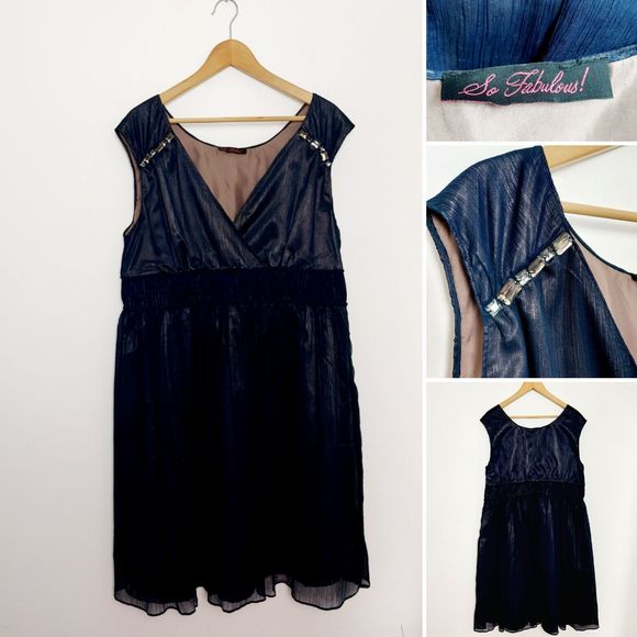 So Fabulous Dresses & Skirts - So Fabulous Navy Blue Chiffon Floaty Beaded Embellished Dress Size 20